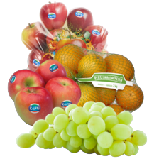 Kanzi appels zak à 1 kilo,
perssinaasappelen net à 2 kilo
of witte pitloze druiven schaal à 500 gram